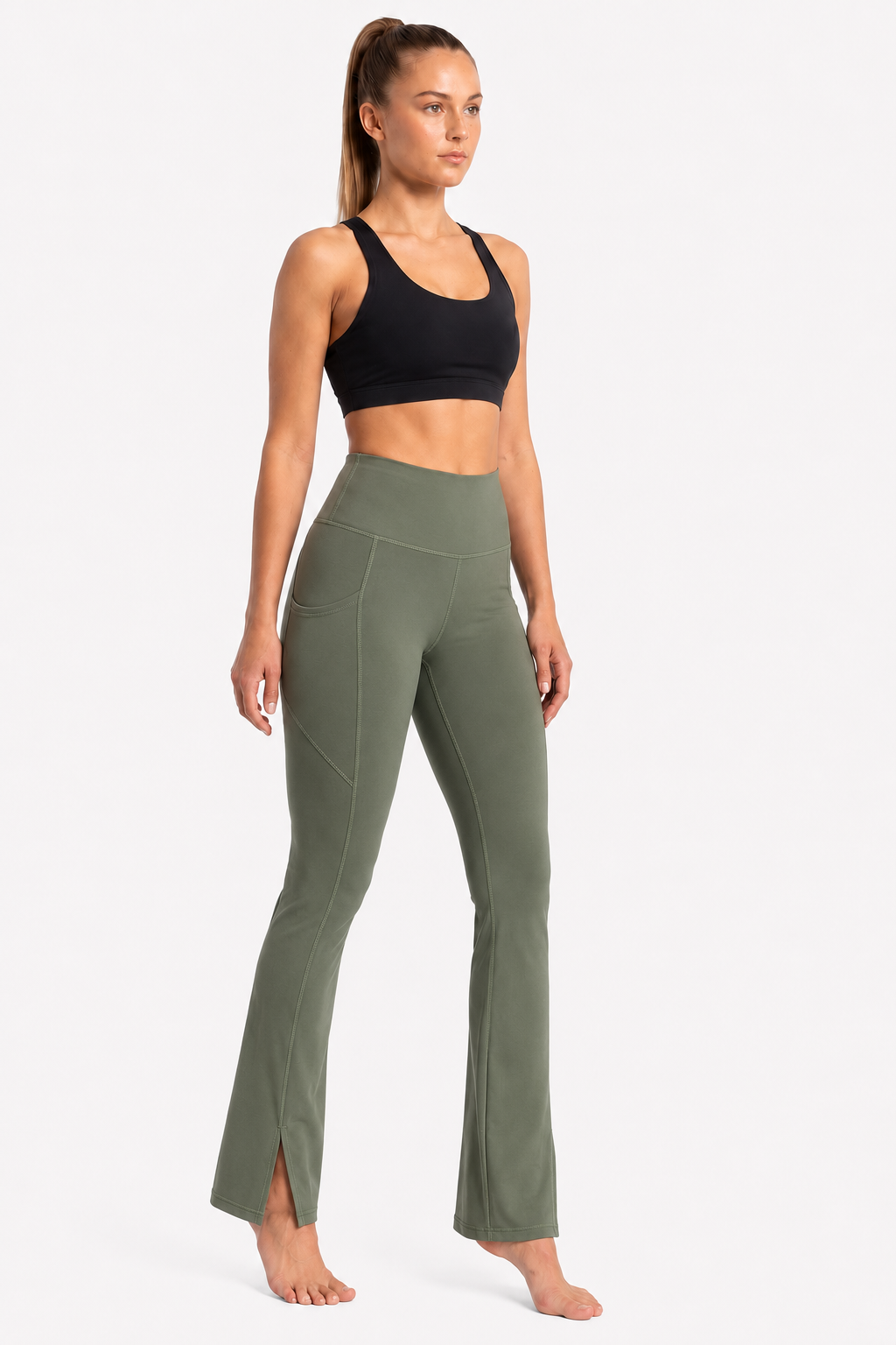 New York Laundry Women's High-Waisted Flare Yoga Pants with Side Pockets and Hem Slits, Olive Green