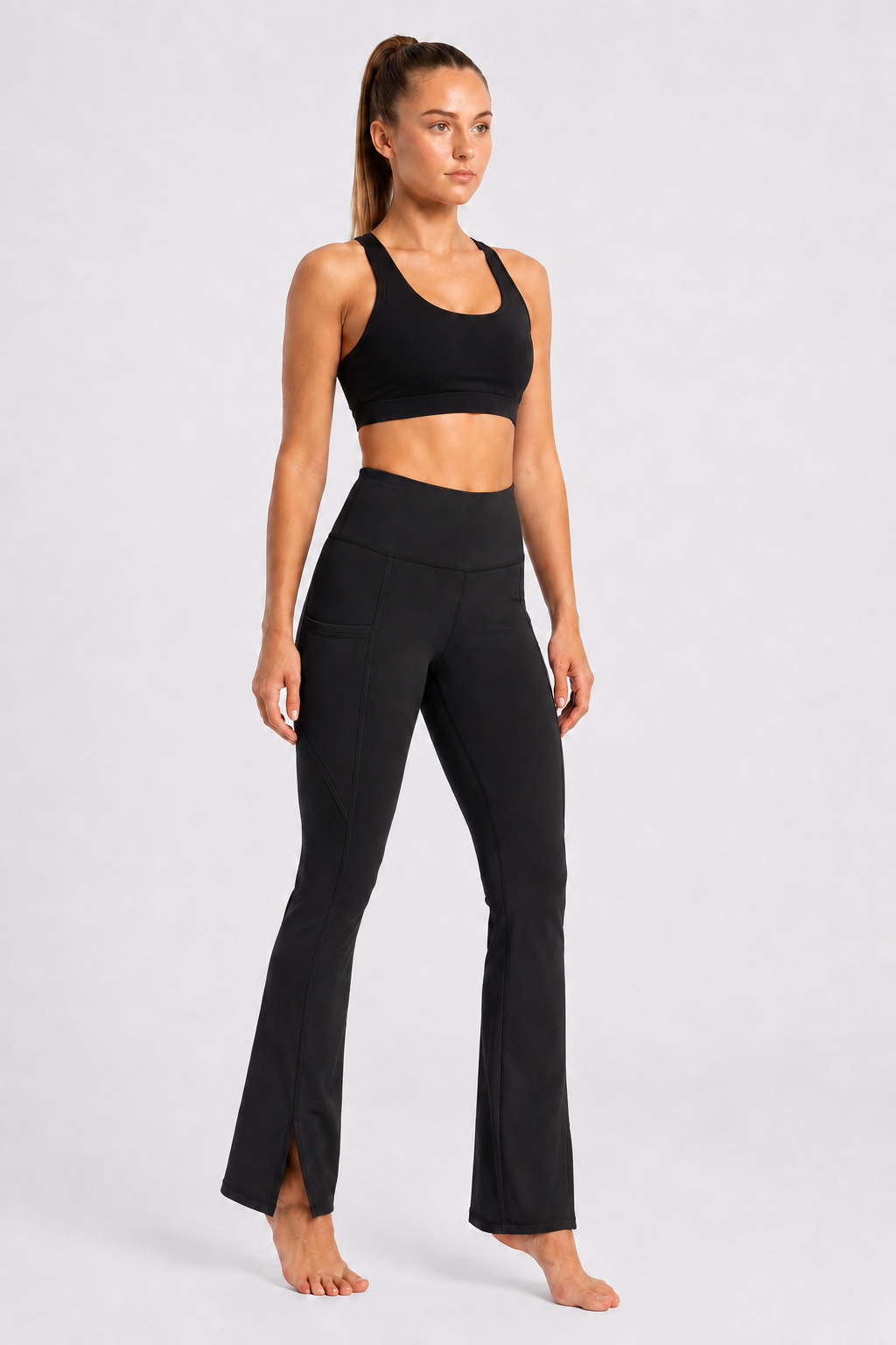 New York Laundry Women's High-Waisted Flare Yoga Pants with Side Pockets and Hem Slits, Jet Black