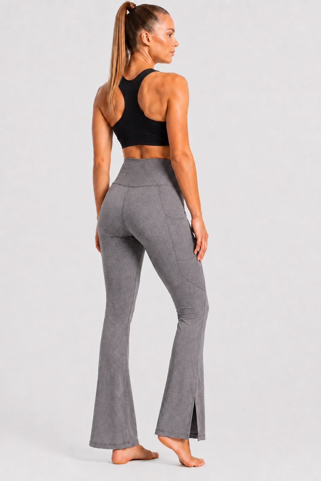 New York Laundry Women's High-Waisted Flare Yoga Pants with Side Pockets and Hem Slits, Heather Grey