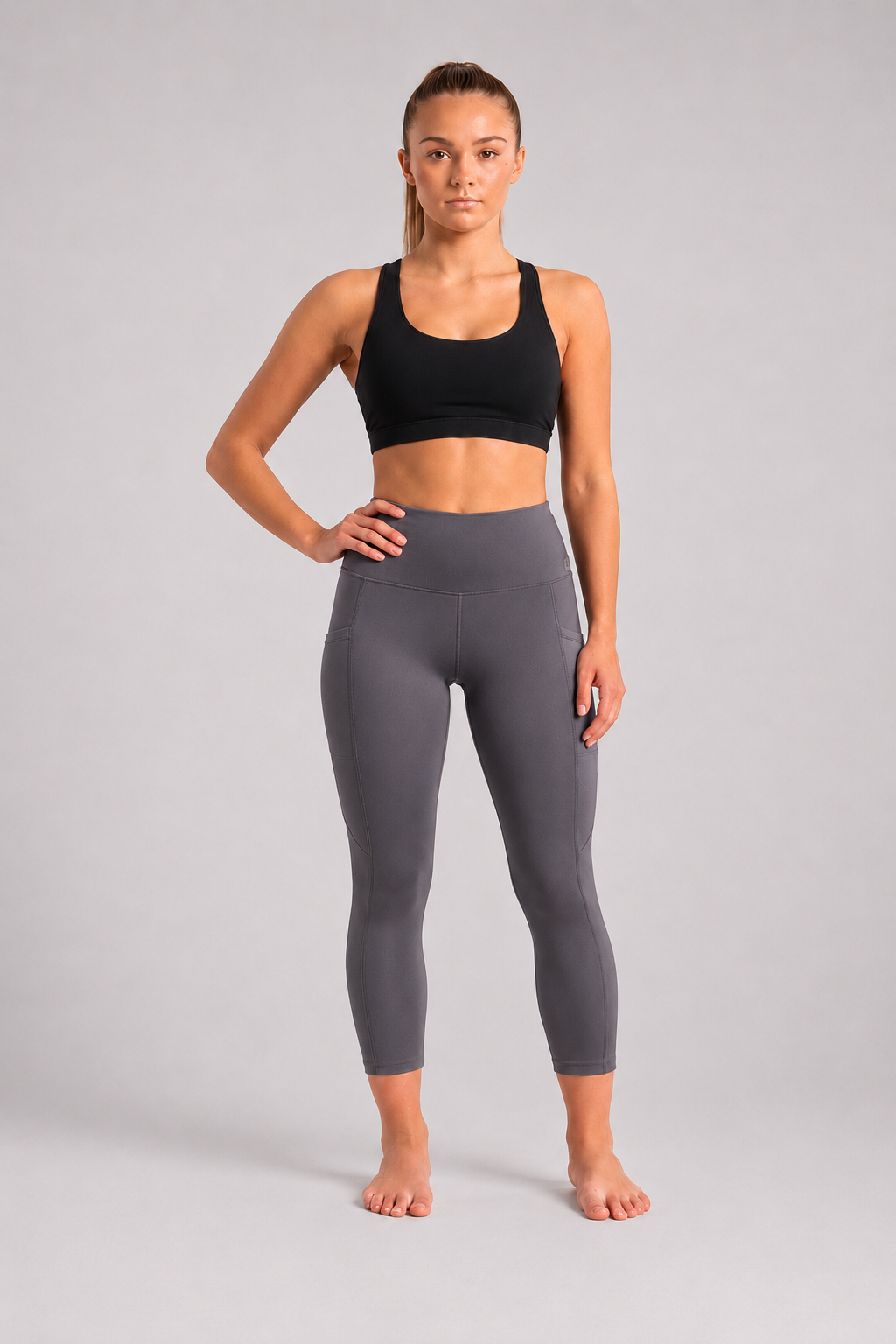 New York Laundry Women's 7/8 High-Waisted Leggings with Side Pockets, Charcoal Grey
