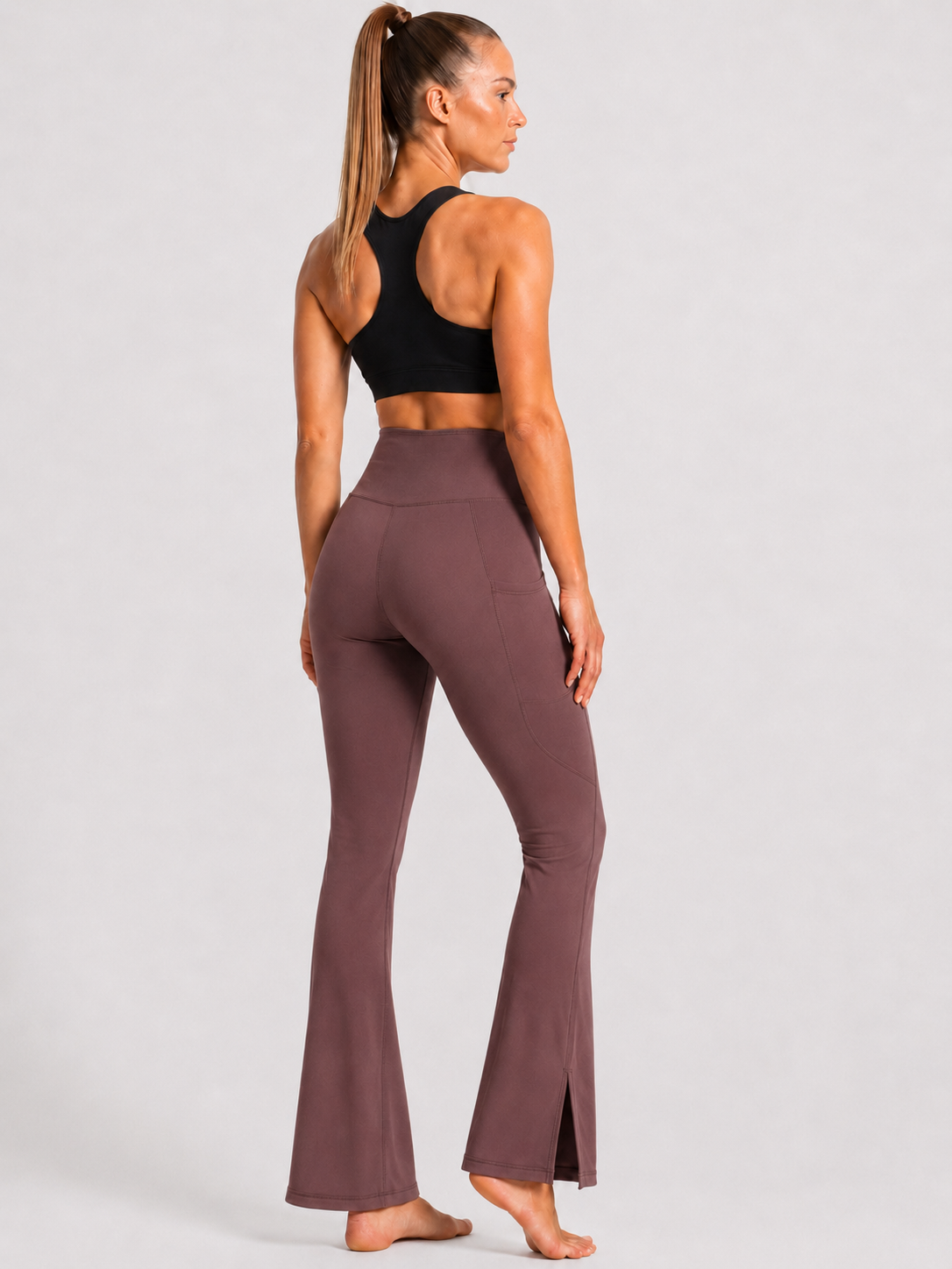 New York Laundry Women's High-Waisted Flare Yoga Pants with Side Pockets and Hem Slits, Mauve / Brown