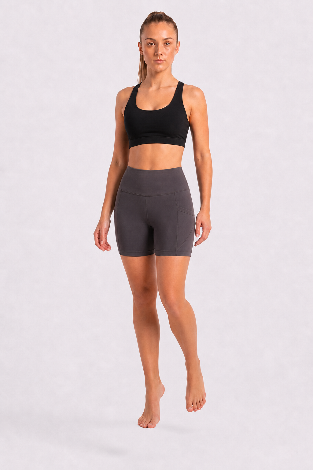 New York Laundry Women's 7-Inch High-Waisted Biker Shorts with Side Pockets, Charcoal Grey