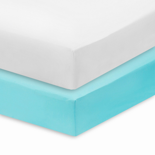 Everyday Kids Solid Fitted Crib Sheet Set, Soft Microfiber Nursery Mattress Sheets, White and Aqua, 2-Pack