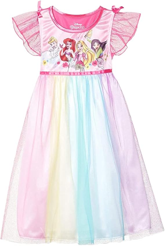 Disney Princess Girls Rainbow Nightgown Sleepwear with Tulle Overlay – Soft Fantasy Pajamas for Toddlers and Kids