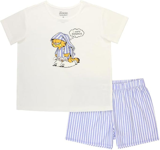 Garfield Kids Unisex Short Sleeve Pajama Set with I Hate Mondays Graphic Tee and Blue Striped Shorts, Size 6
