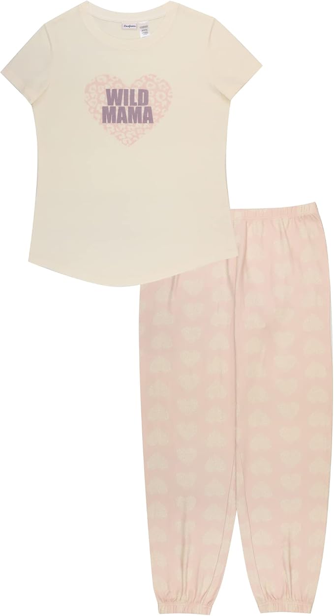 Dearfoams Womens Wild Mama Pajama Set Short Sleeve Graphic Tee and Heart Print Jogger Pants Cream and Pink Sizes S-XL