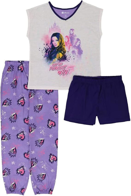 Disney Descendants Girls 3 Piece Pajama Set Sleeveless Top Pants and Shorts Evie Sleepwear