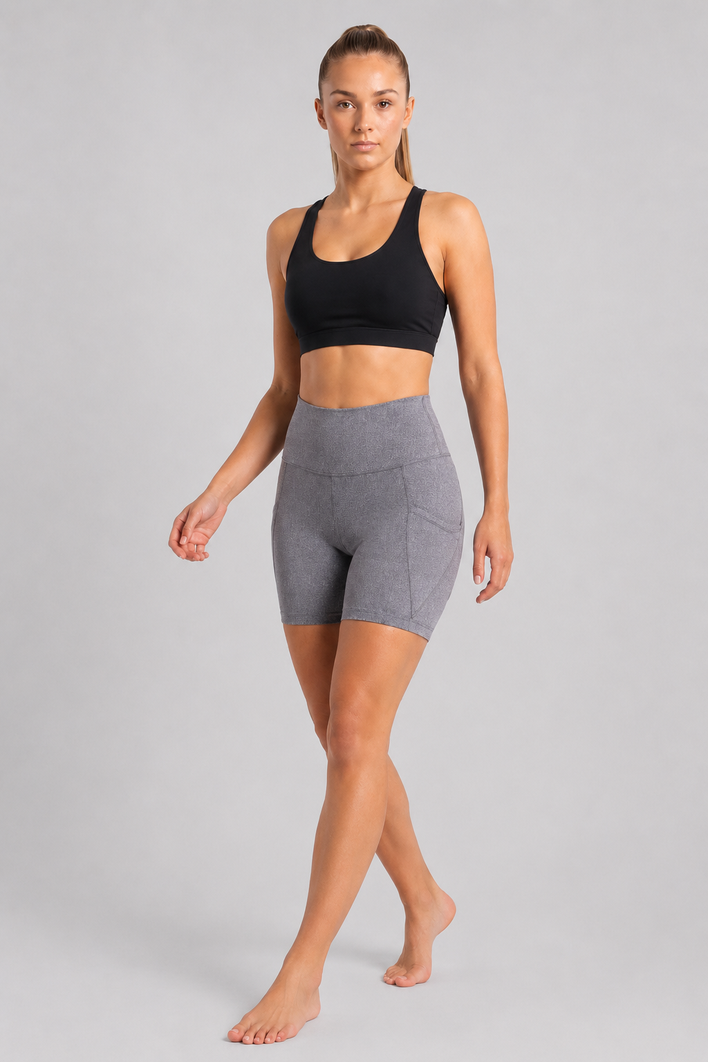New York Laundry Women's 7-Inch High-Waisted Biker Shorts with Side Pockets, Heather Grey