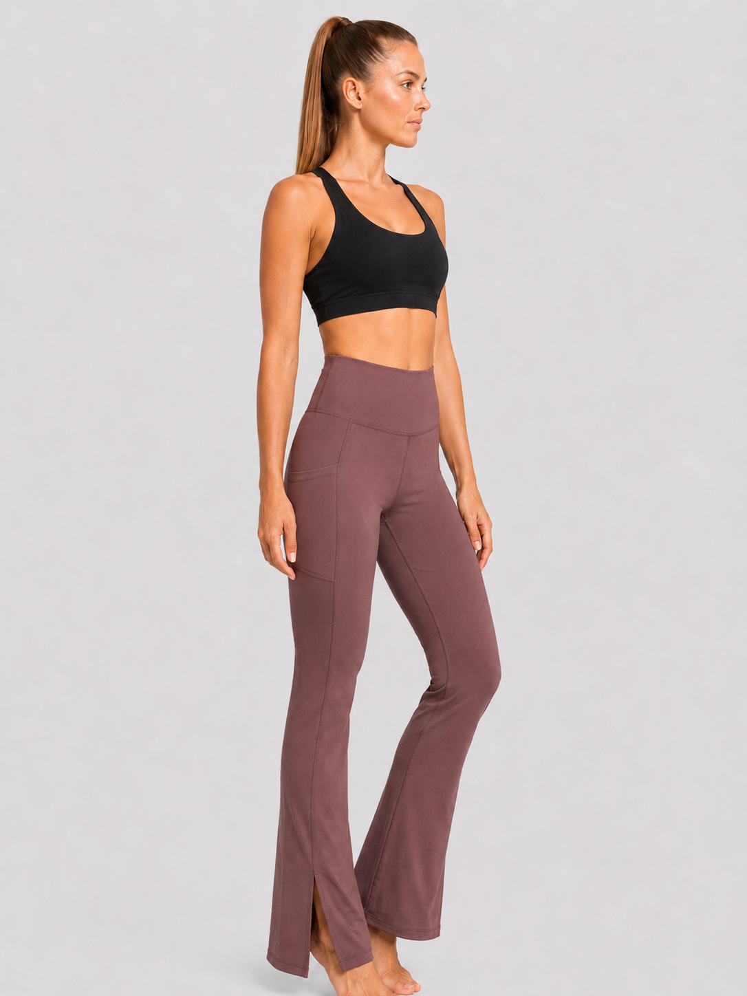 New York Laundry Women's High-Waisted Flare Yoga Pants with Side Pockets and Hem Slits, Mauve / Brown