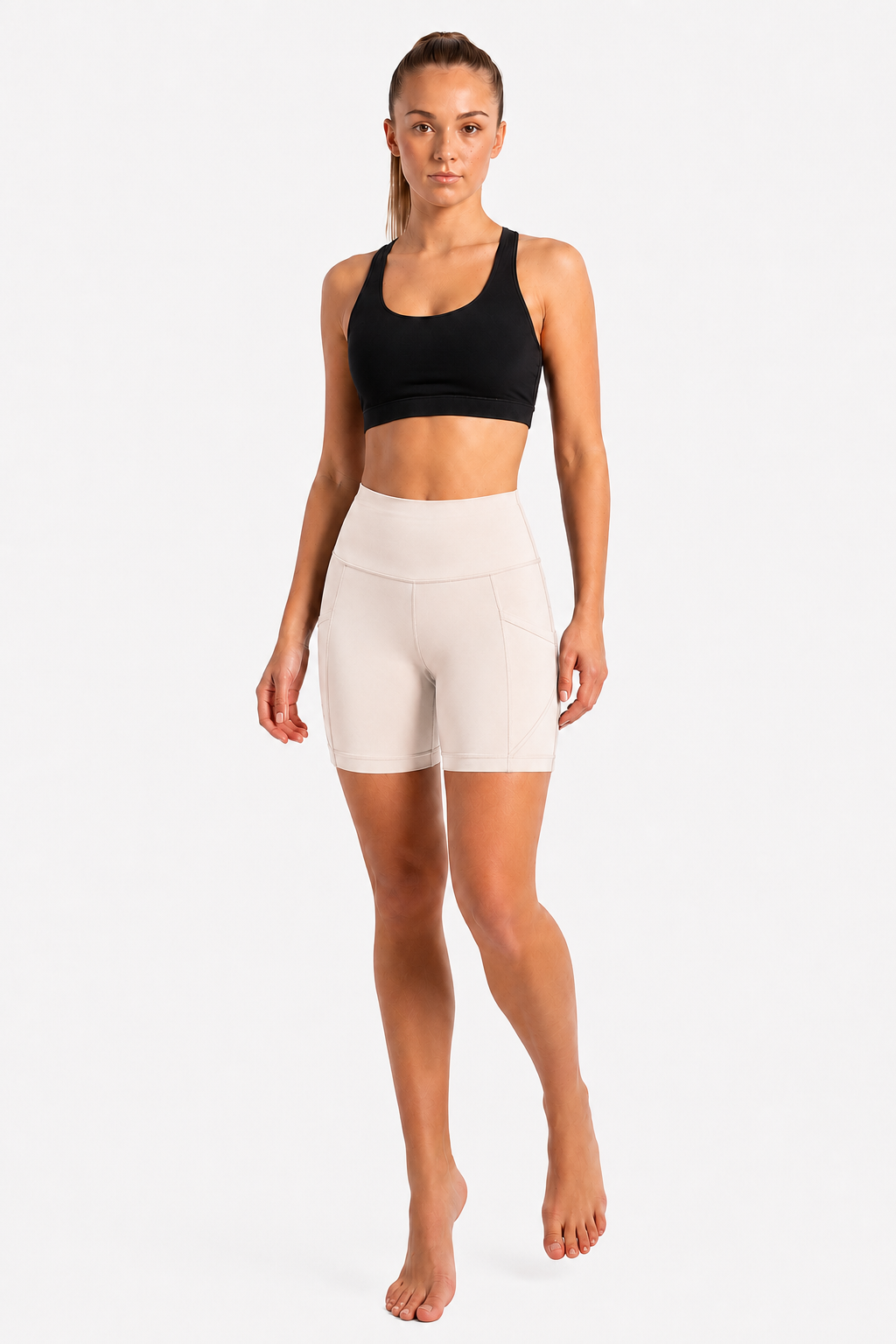New York Laundry Women's 7-Inch High-Waisted Biker Shorts with Side Pockets, Cream / Beige