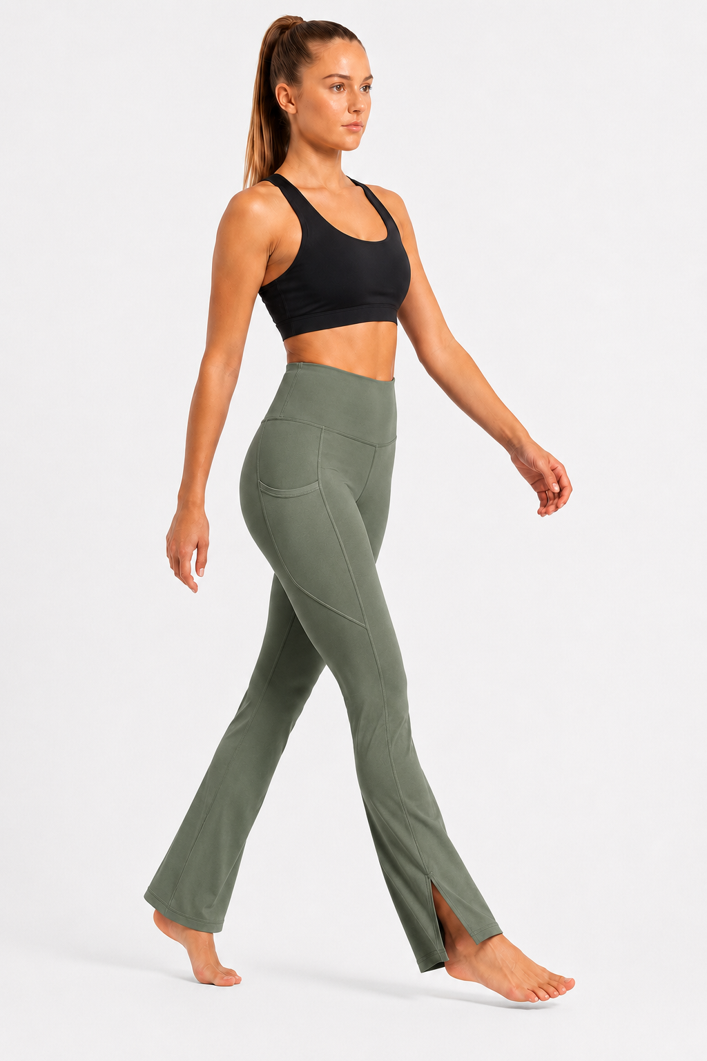 New York Laundry Women's High-Waisted Flare Yoga Pants with Side Pockets and Hem Slits, Olive Green