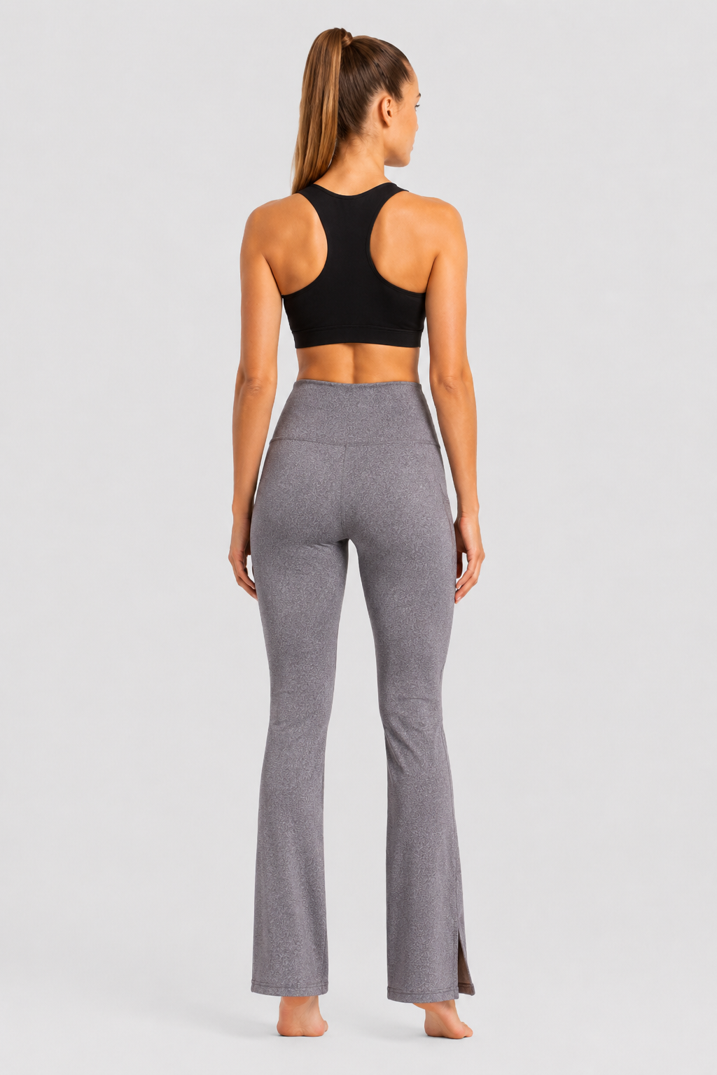 New York Laundry Women's High-Waisted Flare Yoga Pants with Side Pockets and Hem Slits, Heather Grey