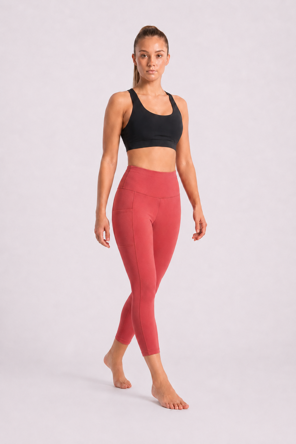 New York Laundry Women's 7/8 High-Waisted Leggings with Side Pockets, Coral Pink / Dusty Rose