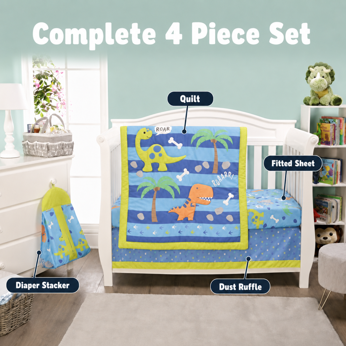 4 Piece Girls Crib Bedding Set - Dinosaurs