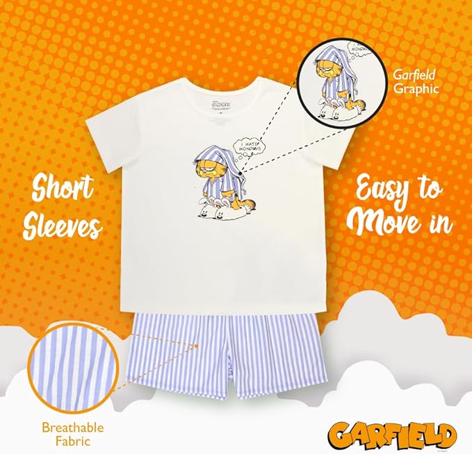 Garfield Kids Unisex Short Sleeve Pajama Set with I Hate Mondays Graphic Tee and Blue Striped Shorts, Size 6