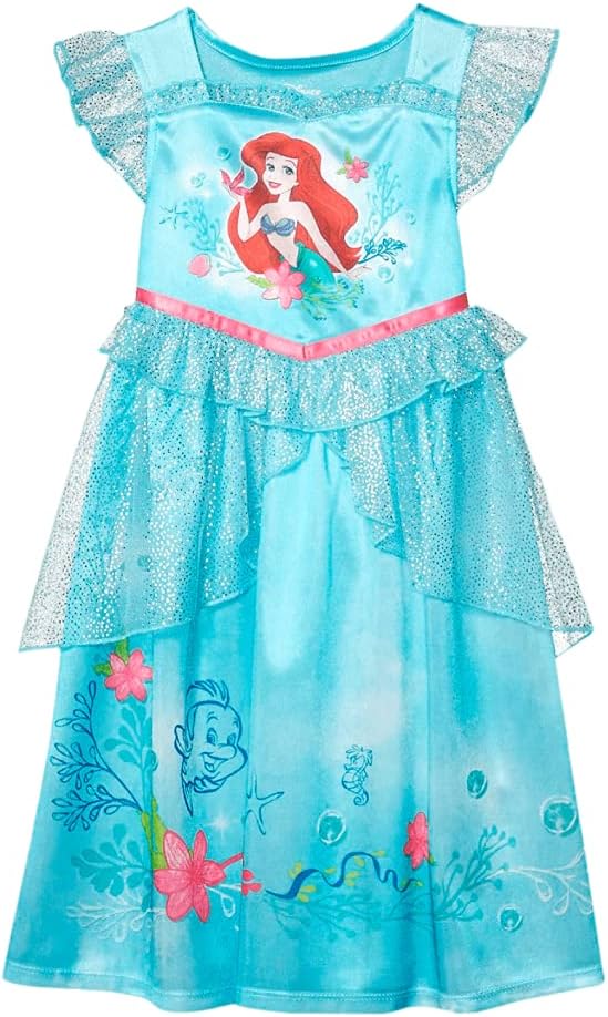 Disney The Little Mermaid Ariel Girls Aqua Nightgown Sleepwear with Shimmer Tulle – Soft Princess Pajamas for Toddlers