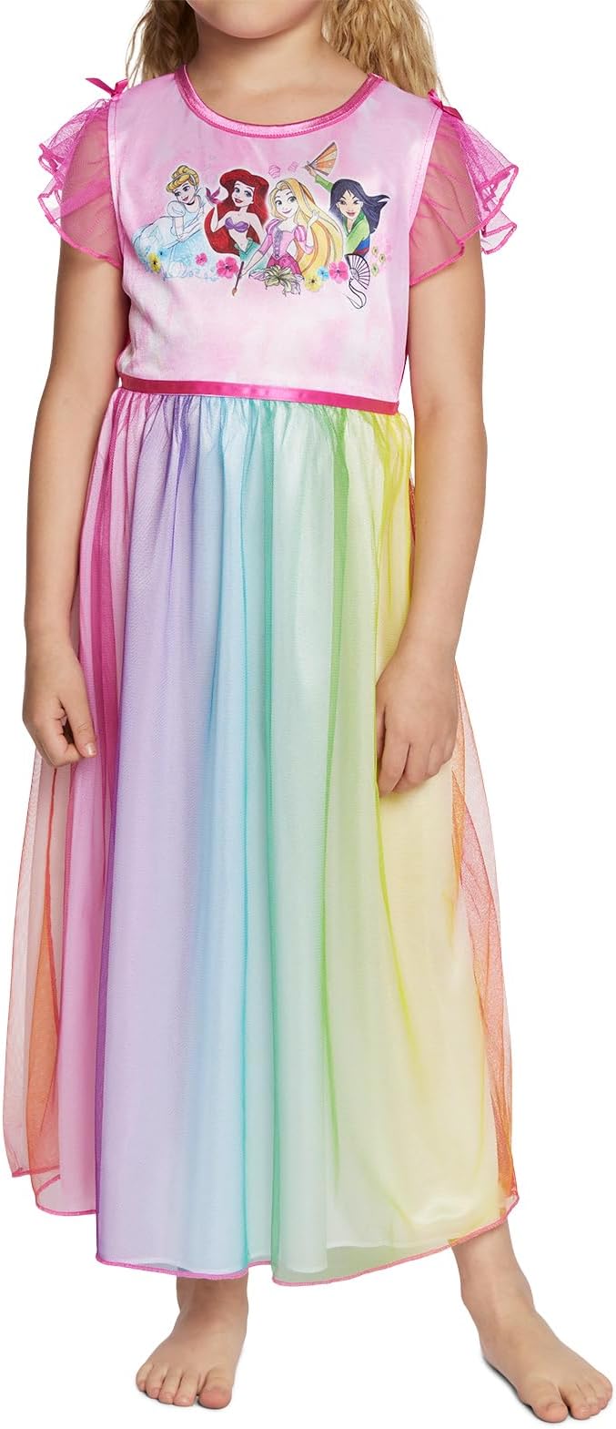 Disney Princess Girls Rainbow Nightgown Sleepwear with Tulle Overlay – Soft Fantasy Pajamas for Toddlers and Kids