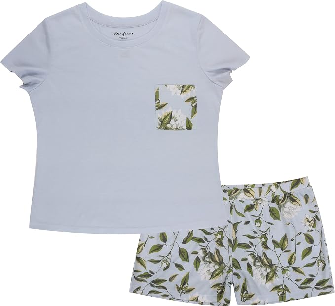 Dearfoams Women's Pajama Set Short Sleeve Top with Chest Pocket and Floral Print Shorts in Light Blue, Sizes S to XL