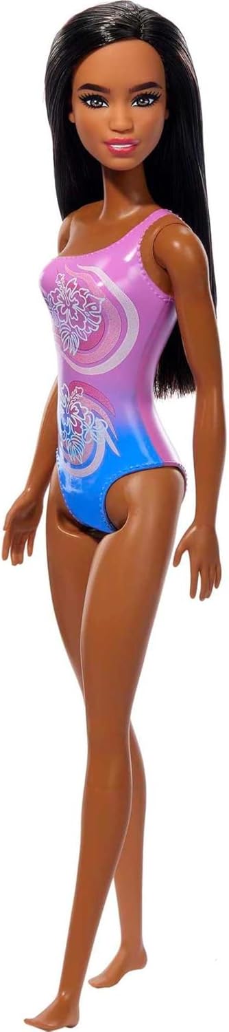Barbie Beach Doll with Pink and Blue One-Piece Swimsuit, Brunette Hair