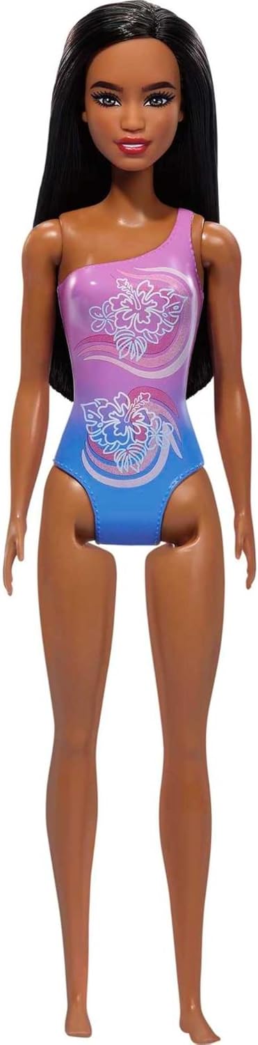 Barbie Beach Doll with Pink and Blue One-Piece Swimsuit, Brunette Hair