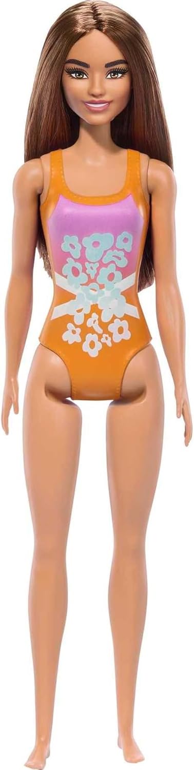 Barbie Beach Doll with Orange and Pink One-Piece Swimsuit, Brunette Hair
