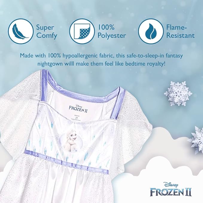 Disney Frozen II Elsa Girls White Nightgown Sleepwear with Shimmer Tulle Overlay – Soft Princess Pajamas for Toddlers