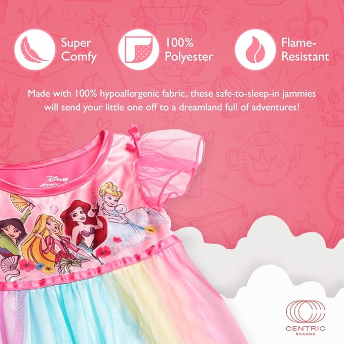 Disney Princess Girls Rainbow Nightgown Sleepwear with Tulle Overlay – Soft Fantasy Pajamas for Toddlers and Kids