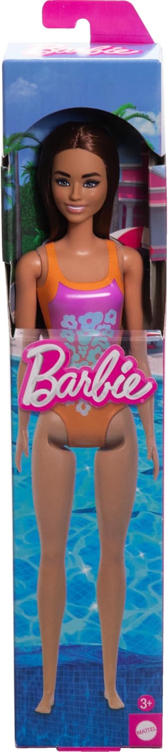 Barbie Beach Doll with Orange and Pink One-Piece Swimsuit, Brunette Hair