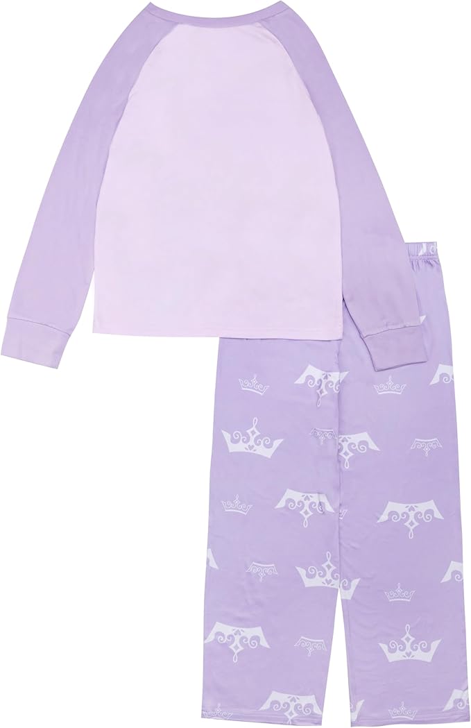 Disney Princess Girls 2-Piece Pajama Set, Long Sleeve Raglan Top with Moana Ariel Cinderella Jasmine and Belle, Purple