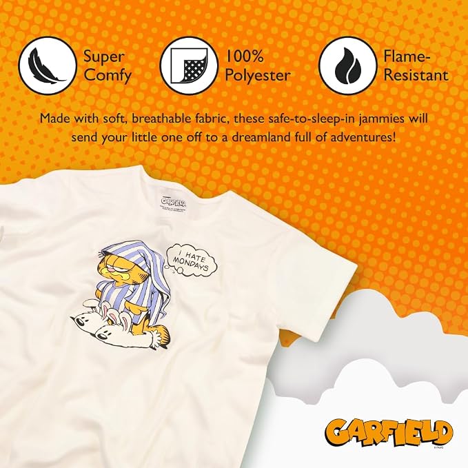 Garfield Kids Unisex Short Sleeve Pajama Set with I Hate Mondays Graphic Tee and Blue Striped Shorts, Size 6
