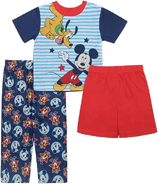 Disney Mickey Mouse Boys 3 Piece Pajama Set Short Sleeve Shirt Pants and Shorts Sleepwear