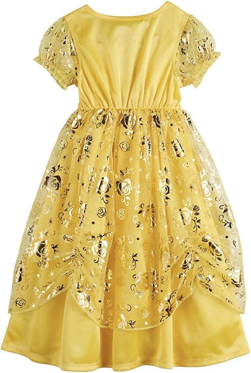 Disney Princess Belle Girls Yellow Nightgown with Gold Overlay Short Sleeve Sleep Dress