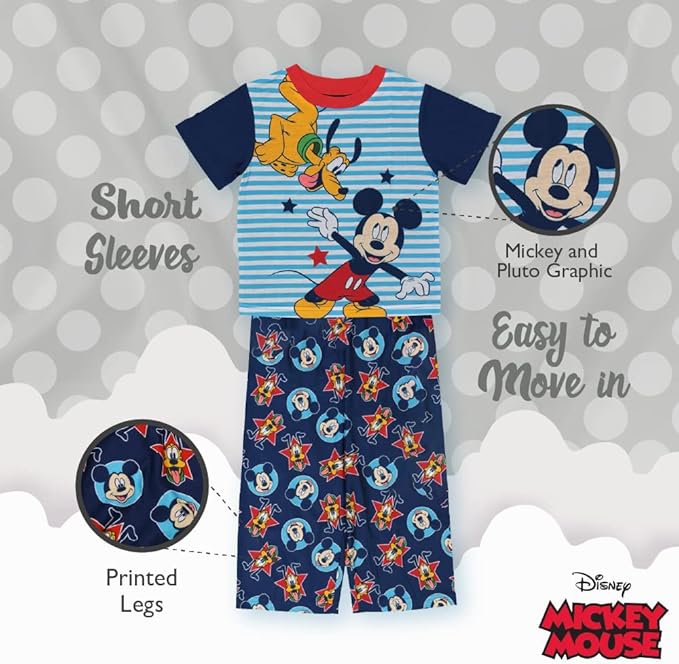 Disney Mickey Mouse Boys 3 Piece Pajama Set Short Sleeve Shirt Pants and Shorts Sleepwear