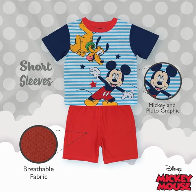Disney Mickey Mouse Boys 3 Piece Pajama Set Short Sleeve Shirt Pants and Shorts Sleepwear