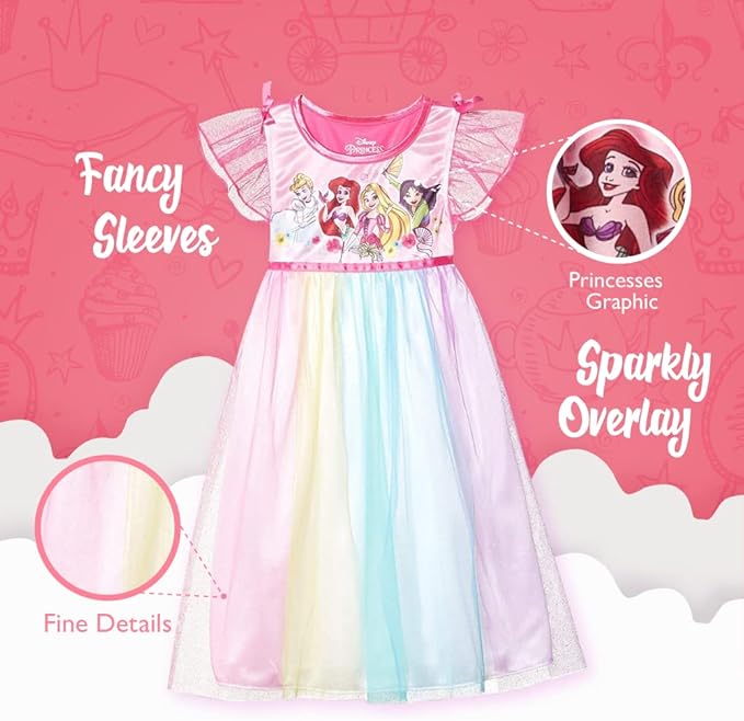 Disney Princess Girls Rainbow Nightgown Sleepwear with Tulle Overlay – Soft Fantasy Pajamas for Toddlers and Kids