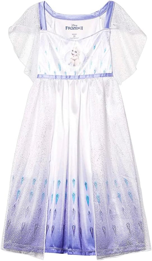 Disney Frozen II Elsa Girls White Nightgown Sleepwear with Shimmer Tulle Overlay – Soft Princess Pajamas for Toddlers