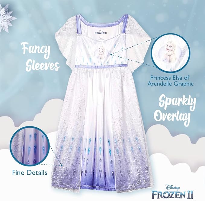 Disney Frozen II Elsa Girls White Nightgown Sleepwear with Shimmer Tulle Overlay – Soft Princess Pajamas for Toddlers
