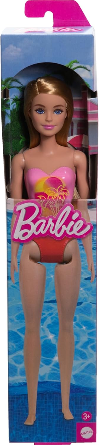 Barbie Beach Doll with Pink and Coral One-Piece Swimsuit, Blonde Hair