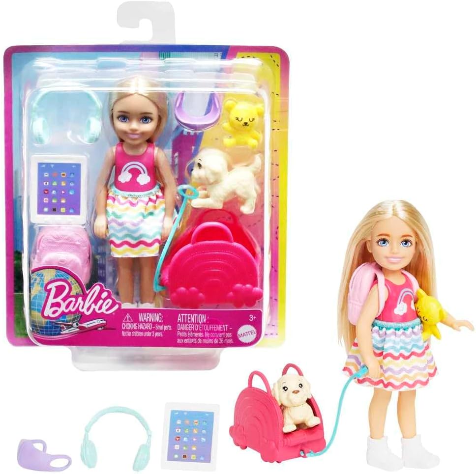 Barbie Travel Chelsea Doll Playset with Backpack, Tablet, Headphones, Puppy, and Accessories
