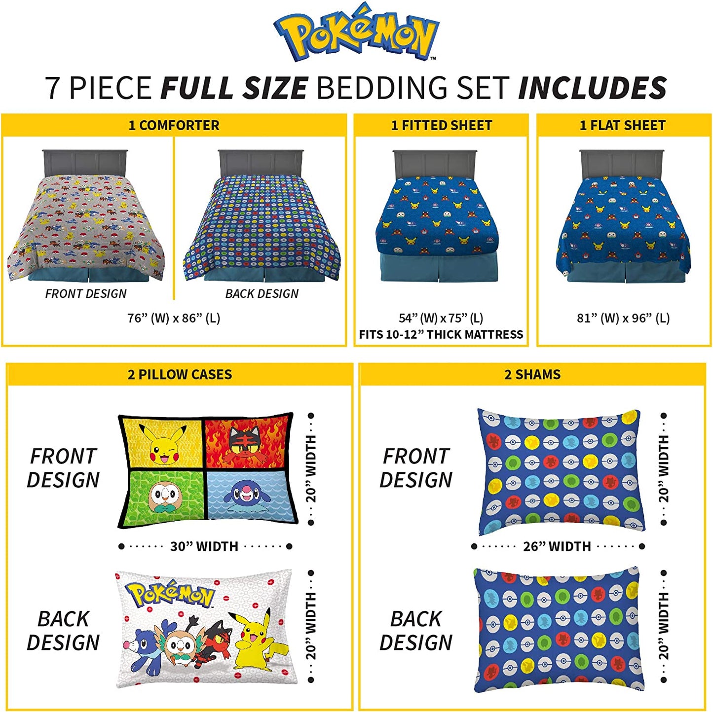 Pokemon Anime 7 Piece Full Comforter and Sheet Set with Sham