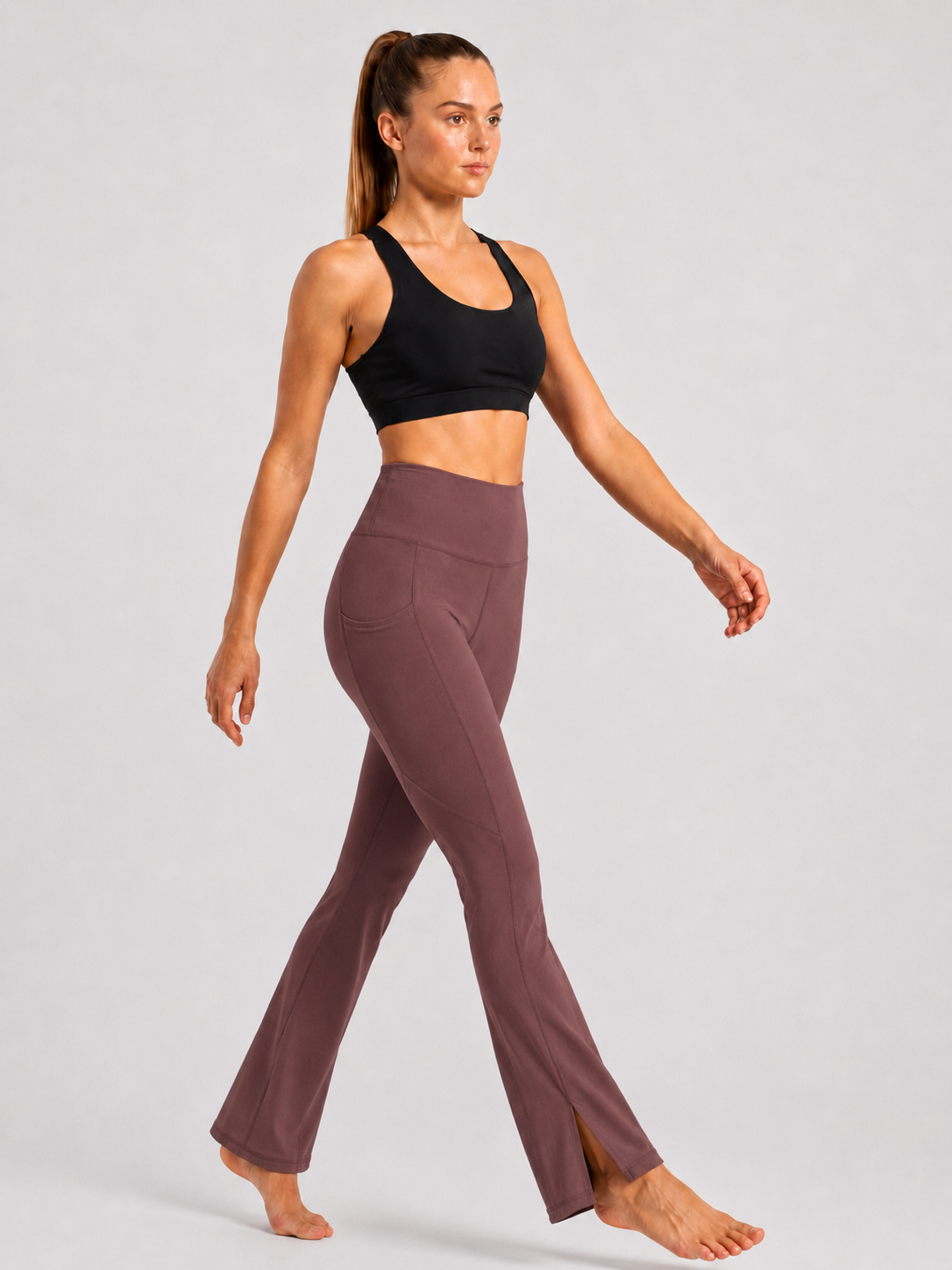 New York Laundry Women's High-Waisted Flare Yoga Pants with Side Pockets and Hem Slits, Mauve / Brown