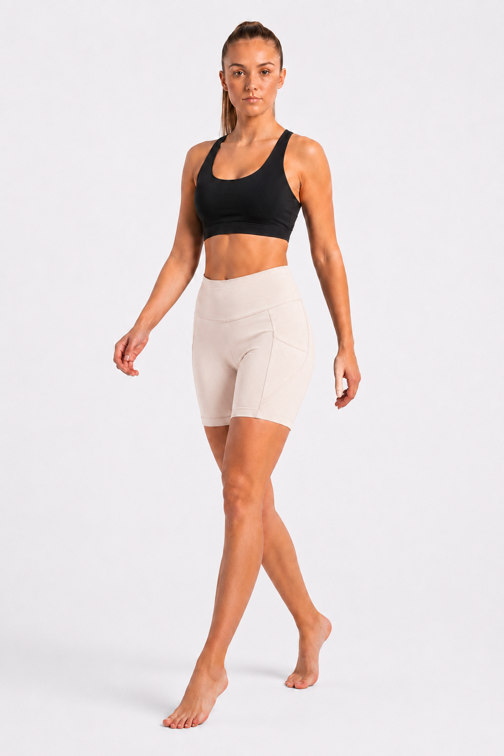 New York Laundry Women's 7-Inch High-Waisted Biker Shorts with Side Pockets, Cream / Beige