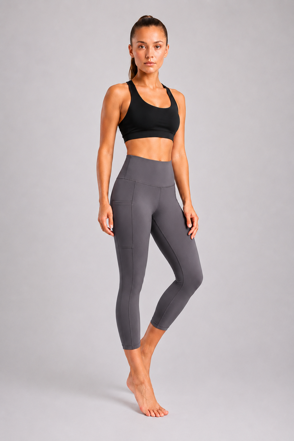 New York Laundry Women's 7/8 High-Waisted Leggings with Side Pockets, Charcoal Grey