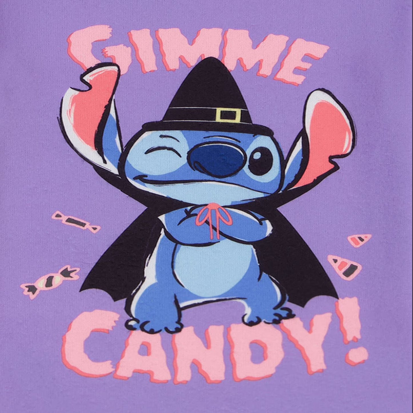 Disney Stitch Halloween Girls 2-Piece Cotton Pajama Set, Long Sleeve "Gimme Candy" Witch Stitch Graphic and Striped Pants, Purple