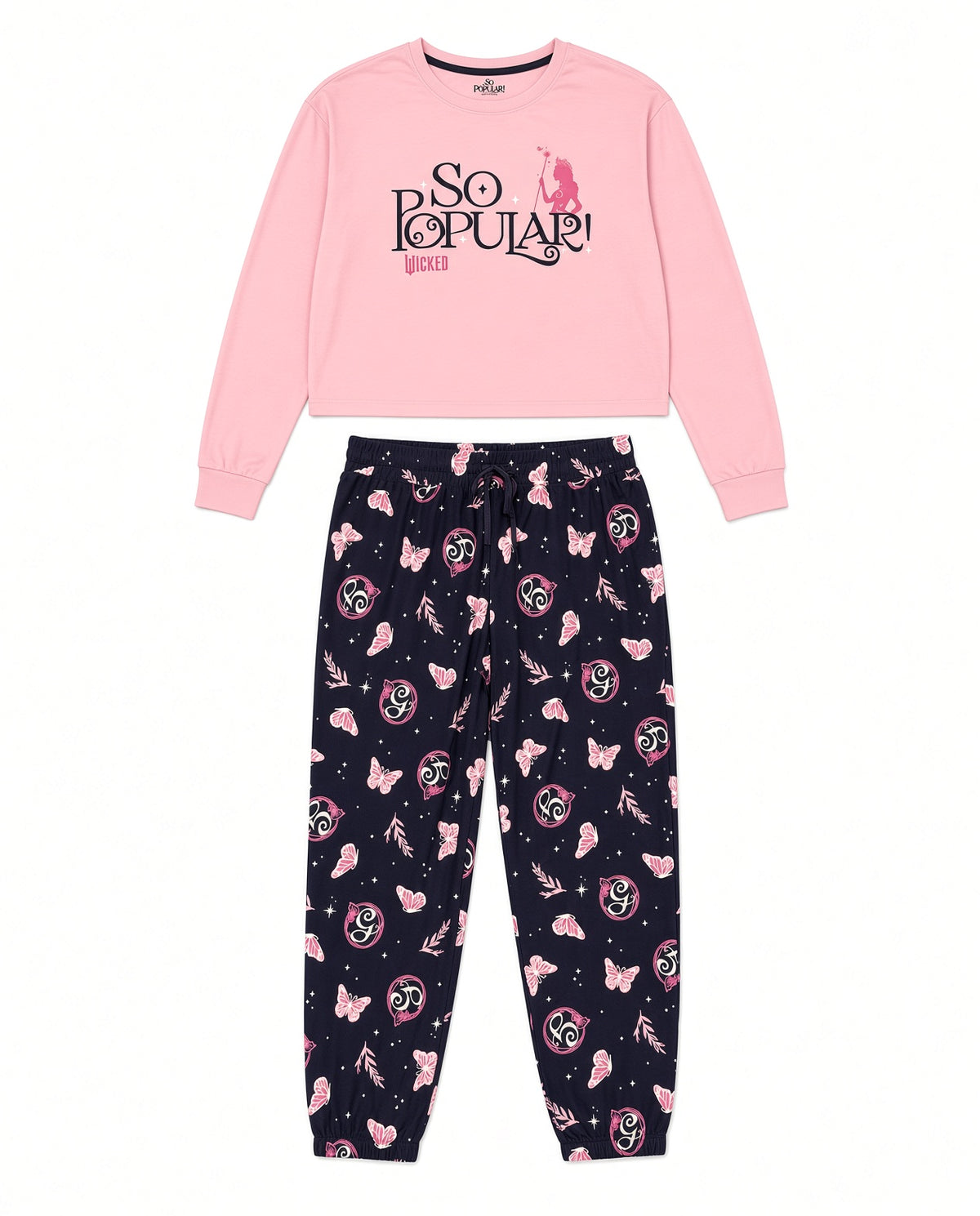 Wicked So Popular Women's Pajama Set Long Sleeve Pink Top and Navy Butterfly Print Jogger Pants Sleepwear Sizes S-XL