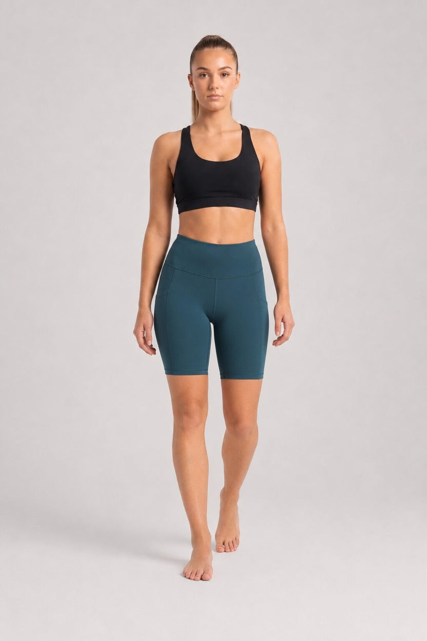 New York Laundry Women's 7-Inch High-Waisted Biker Shorts with Side Pockets, Teal / Dark Green