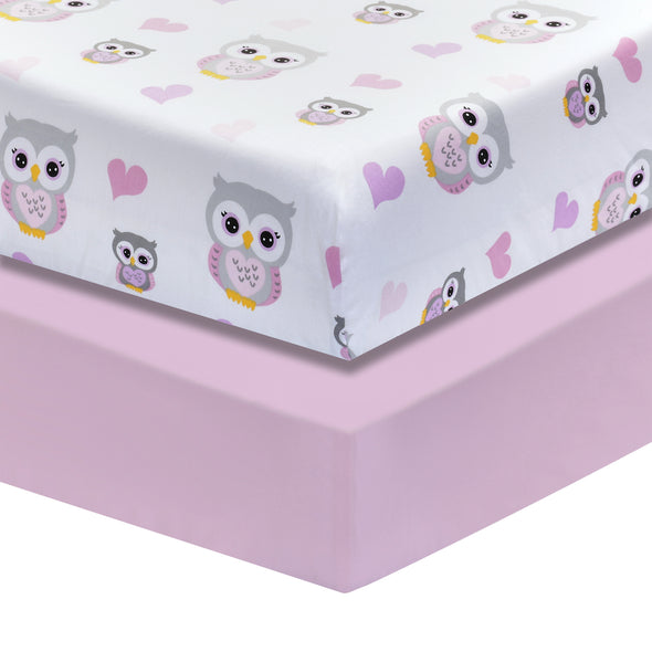 2 Pack Fitted Girls Crib Sheet - Owls/Pink