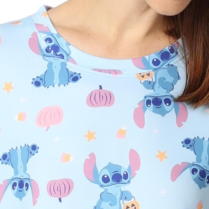 Disney Stitch Women's Nightgown Halloween Pumpkin Print Short Sleeve Sleep Shirt Dress Light Blue Sizes S to XL