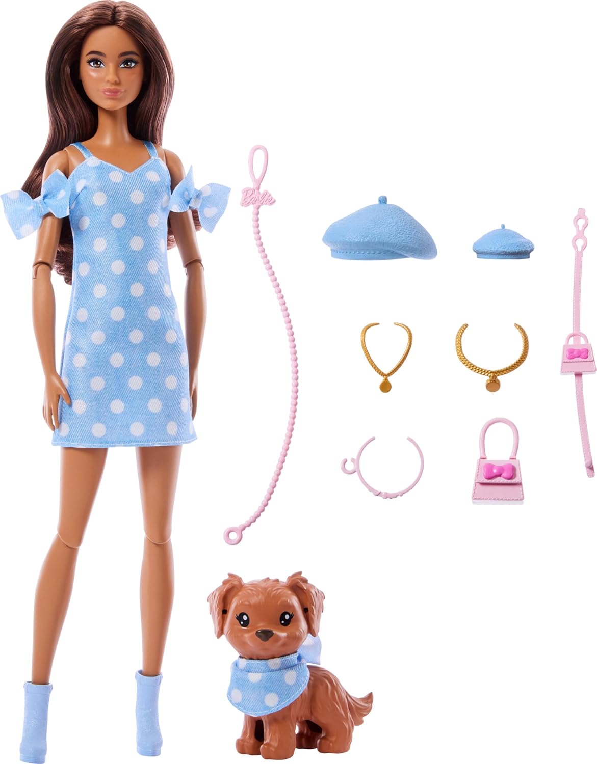 Barbie Twinning Looks Doll and Puppy Set in Blue Polka Dot Outfit with Accessories