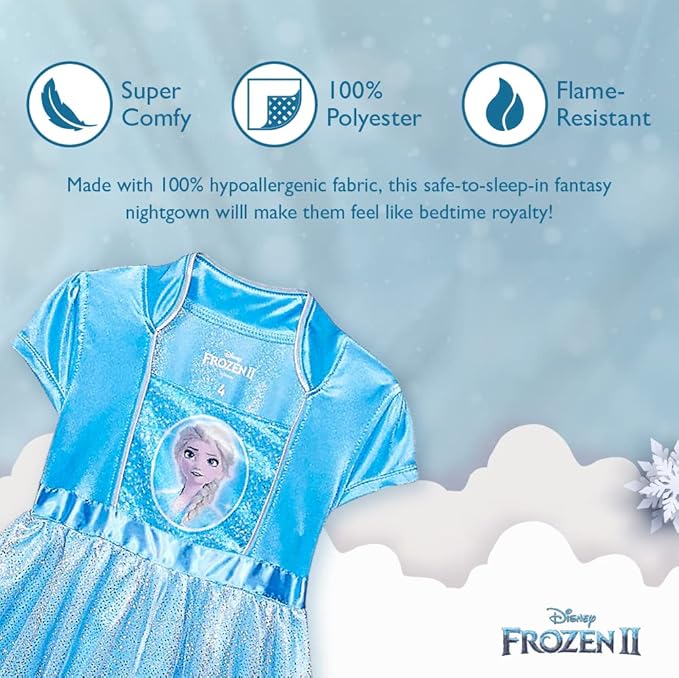 Disney Frozen Elsa Girls Blue Nightgown Sleepwear with Tulle Skirt – Soft Short Sleeve Princess Pajamas for Toddlers